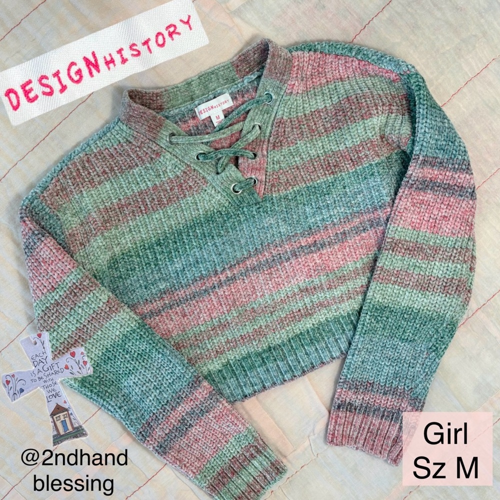 EUC Design History Girls Cropped Rainbow Sweater, Sz M, Chenille Knit Striped